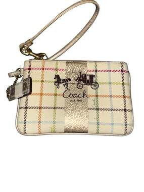 Coach Peyton Tattersall Plaid Coated Canvas Wristlet with Horse and Carriage Log